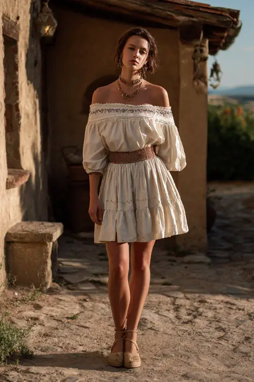 A woman wears a lightweight off-shoulder blouse with delicate embroidery tucked into a high-waisted tiered skirt, styled with espadrille wedges and layered jewelry