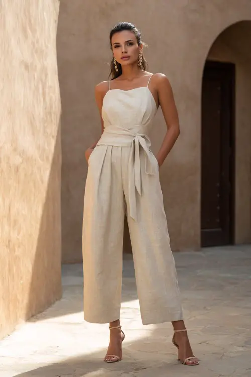 A woman wears a linen jumpsuit with a cinched waist and elegant structure, styled with strappy heels and statement earrings 