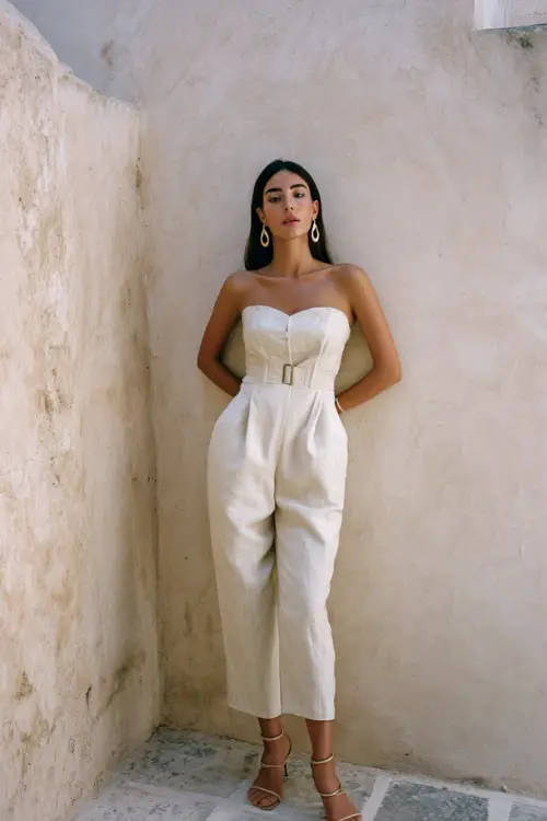 A woman wears a linen jumpsuit with a cinched waist and elegant structure, styled with strappy heels and statement earrings 
