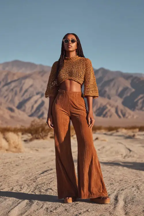 A woman wears a loose crochet top paired with high-waisted flared pants in earthy tones, styled with platform sandals and round sunglasses 