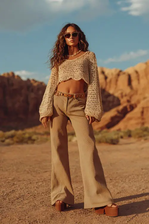 A woman wears a loose crochet top paired with high-waisted flared pants in earthy tones, styled with platform sandals and round sunglasses 