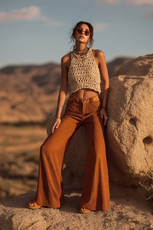 A woman wears a loose crochet top paired with high-waisted flared pants in earthy tones, styled with platform sandals and round sunglasses