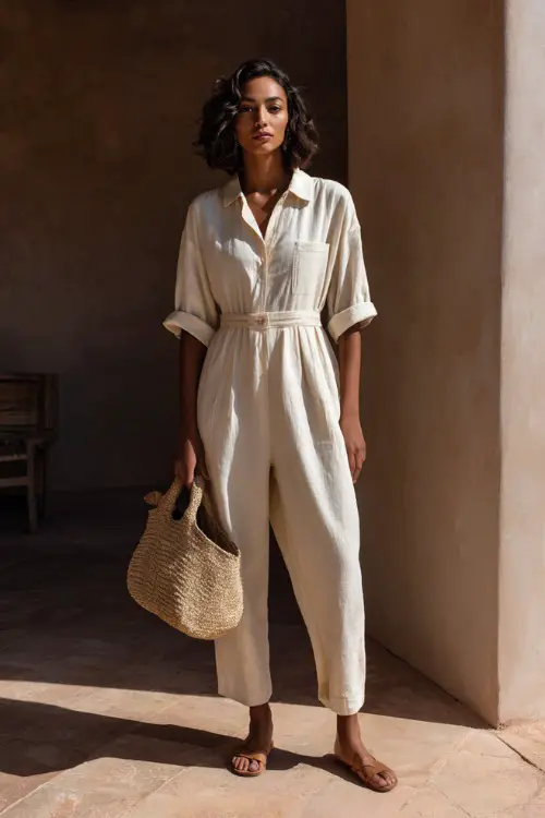 A woman wears a loose linen jumpsuit with a relaxed fit and rolled sleeves, styled with minimal sandals and a straw bag, standing in a sunlit courtyard with neutral textures