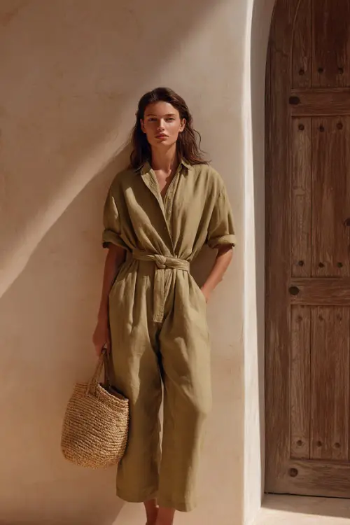 A woman wears a loose linen jumpsuit with a relaxed fit and rolled sleeves, styled with minimal sandals and a straw bag