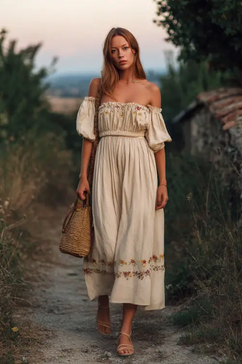 A woman wears a loose off-shoulder maxi dress with delicate embroidery, styled with flat sandals and a woven crossbody bag 