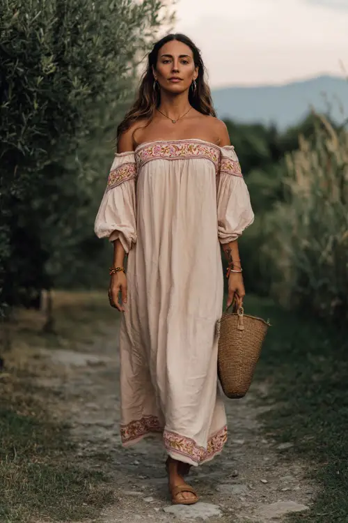 A woman wears a loose off-shoulder maxi dress with delicate embroidery, styled with flat sandals and a woven crossbody bag