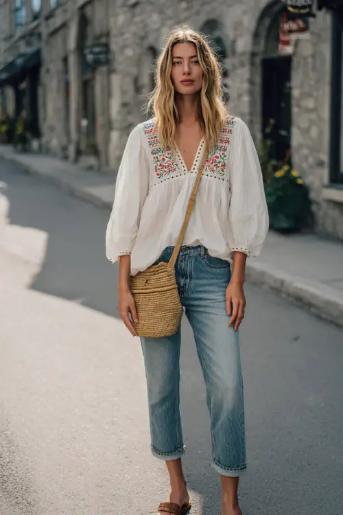 A woman wears a relaxed boho blouse with subtle embroidery paired with straight-leg jeans and flat sandals, styled with a woven crossbody bag 
