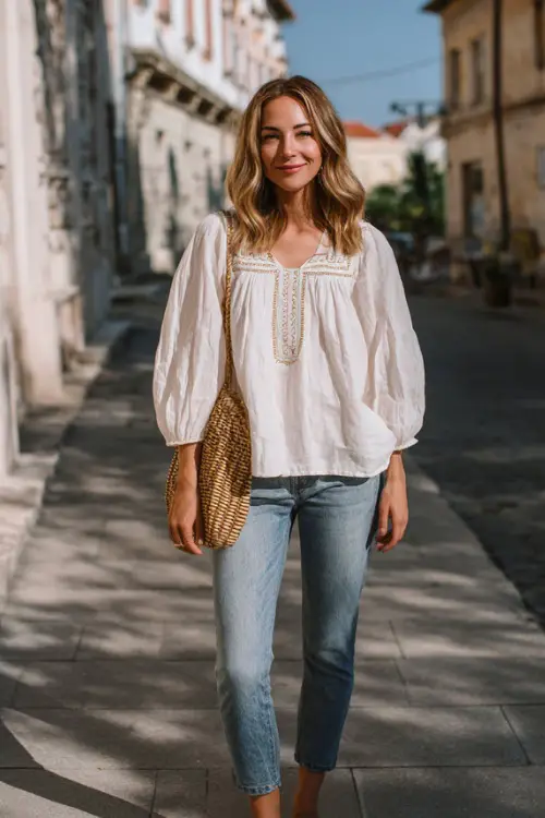 A woman wears a relaxed boho blouse with subtle embroidery paired with straight-leg jeans and flat sandals, styled with a woven crossbody bag 