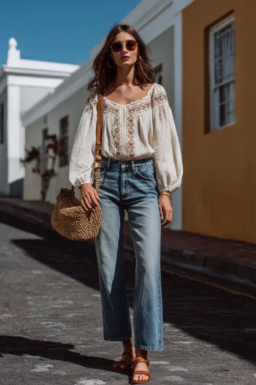 A woman wears a relaxed boho blouse with subtle embroidery paired with straight-leg jeans and flat sandals, styled with a woven crossbody bag
