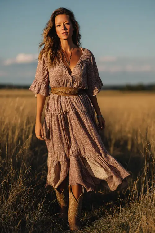 A woman wears a relaxed boho maxi dress with subtle prints and movement