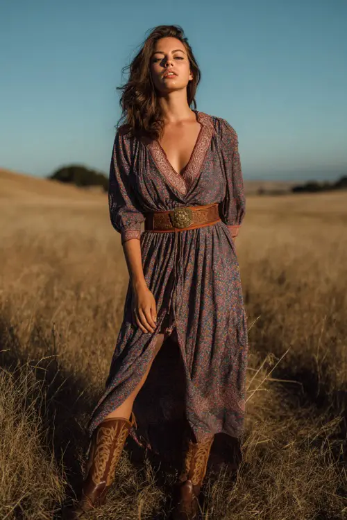 A woman wears a relaxed boho maxi dress with subtle prints and movement