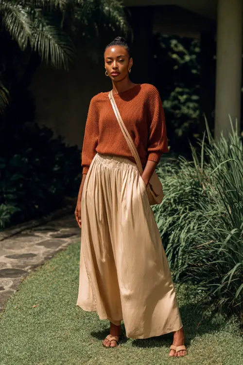 A woman wears a relaxed knit top with a flowy maxi skirt in warm tones, styled with simple sandals and a crossbody bag 