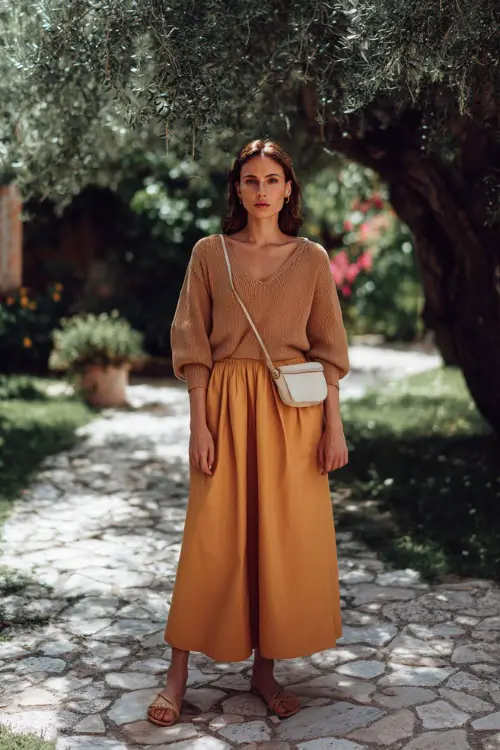 A woman wears a relaxed knit top with a flowy maxi skirt in warm tones, styled with simple sandals and a crossbody bag, standing in a quiet garden with greenery 