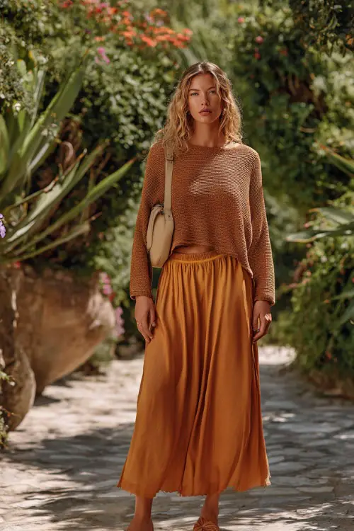 A woman wears a relaxed knit top with a flowy maxi skirt in warm tones, styled with simple sandals and a crossbody bag