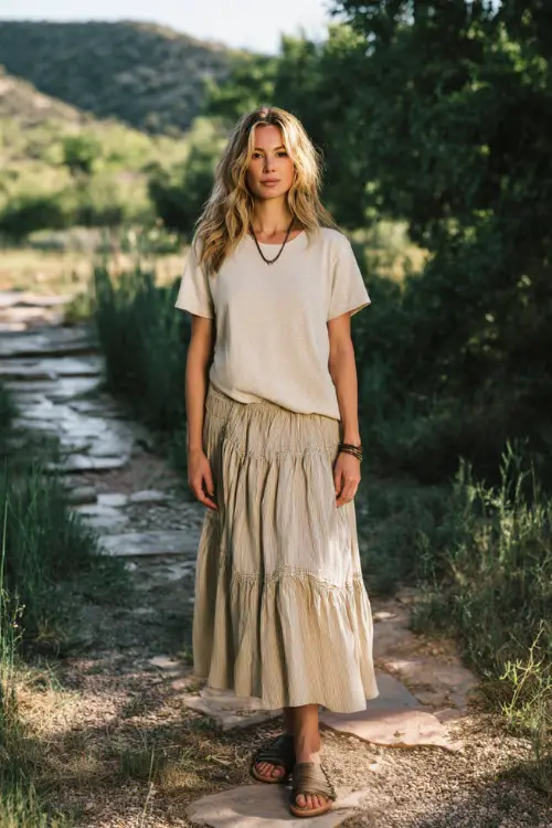 A woman wears a relaxed t-shirt tucked into a tiered boho skirt, paired with slip-on sandals and minimal jewelry 