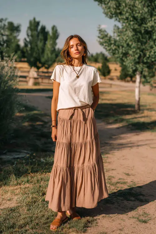 A woman wears a relaxed t-shirt tucked into a tiered boho skirt, paired with slip-on sandals and minimal jewelry
