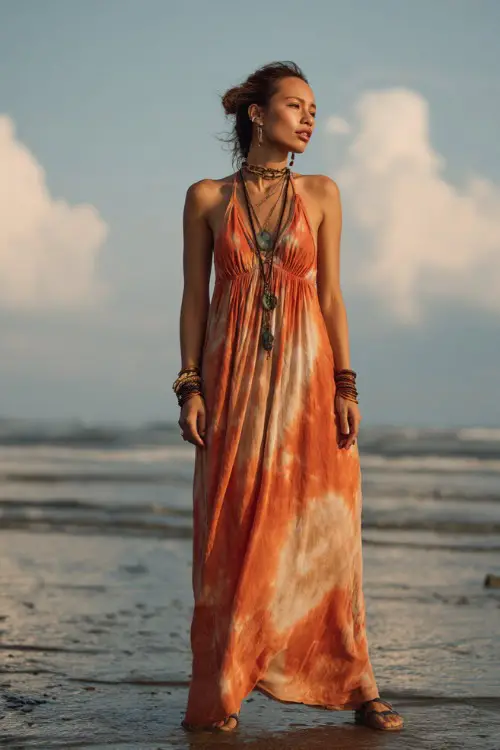 A woman wears a relaxed tie-dye maxi dress with flowing fabric, paired with flat sandals and bold accessories 