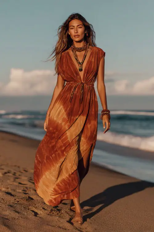A woman wears a relaxed tie-dye maxi dress with flowing fabric, paired with flat sandals and bold accessories 