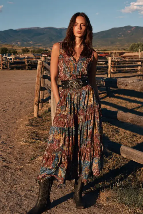 A woman wears a relaxed tiered maxi dress with western-inspired prints, styled with black cowboy boots and a statement belt