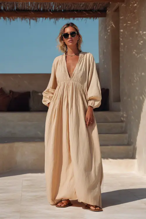 A woman wears a simple boho maxi dress with a flowy silhouette in warm beige tones, paired with slide sandals and oversized sunglasses 