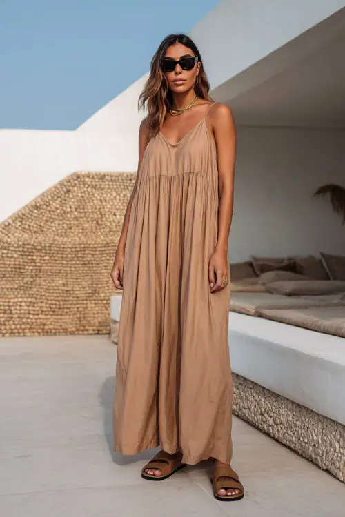 A woman wears a simple boho maxi dress with a flowy silhouette in warm beige tones, paired with slide sandals and oversized sunglasses