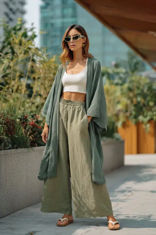 A woman wears a simple tank top layered with a lightweight kimono and flowy wide-leg pants, styled with flat sandals and oversized sunglasses
