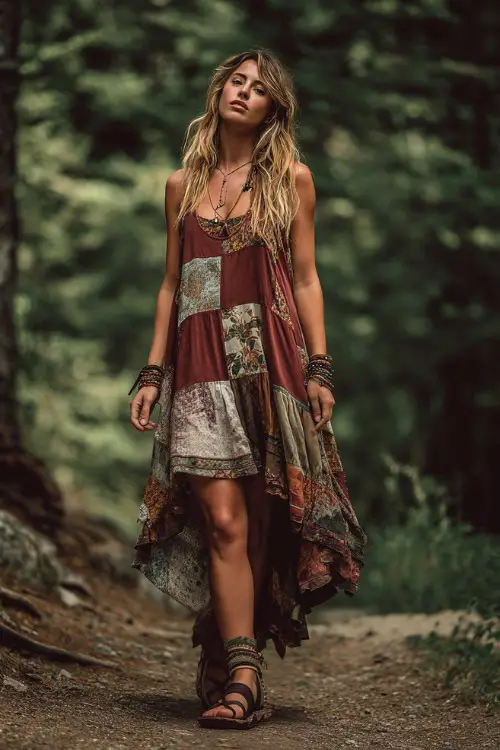 A woman wears a sleeveless boho dress with patchwork patterns and a loose silhouette, styled with leather sandals and stacked bracelets 