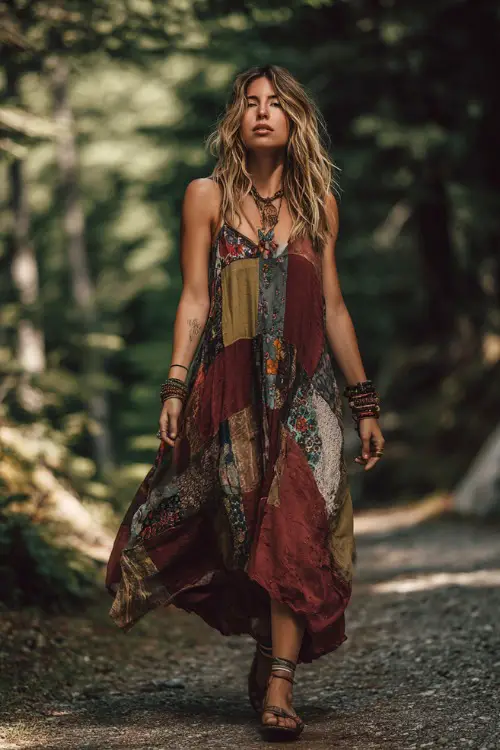 A woman wears a sleeveless boho dress with patchwork patterns and a loose silhouette, styled with leather sandals and stacked bracelets 
