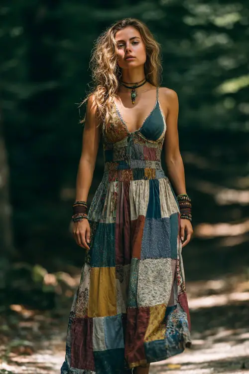 A woman wears a sleeveless boho dress with patchwork patterns and a loose silhouette, styled with leather sandals and stacked bracelets