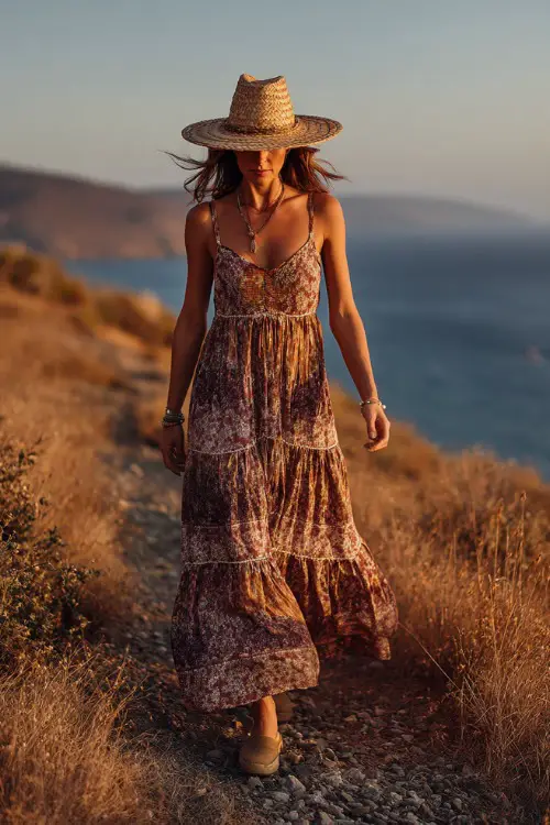 A woman wears a sleeveless boho maxi dress with tiered layers and earthy tones, paired with comfortable espadrilles and a straw hat 