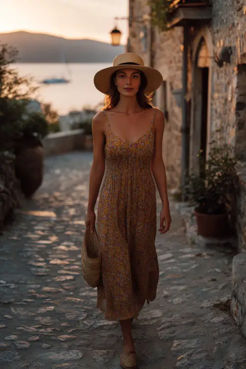 A woman wears a sleeveless boho midi dress with subtle prints, paired with comfortable espadrilles and a straw hat, walking along a coastal village street