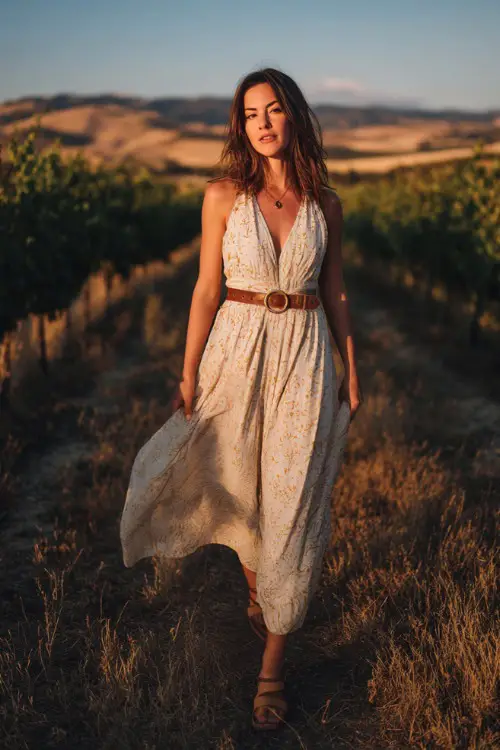 A woman wears a sleeveless maxi dress with subtle boho patterns and elegant movement, paired with block heel sandals and a statement belt 