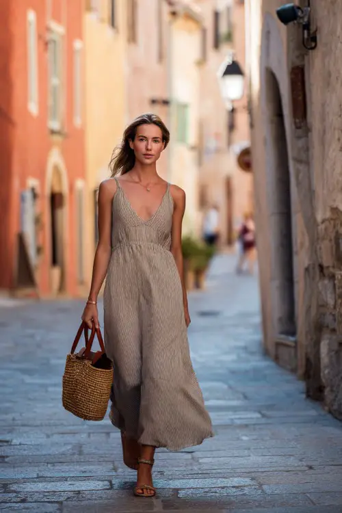 A woman wears a sleeveless neutral-toned maxi dress with soft movement, paired with strappy sandals and a woven handbag