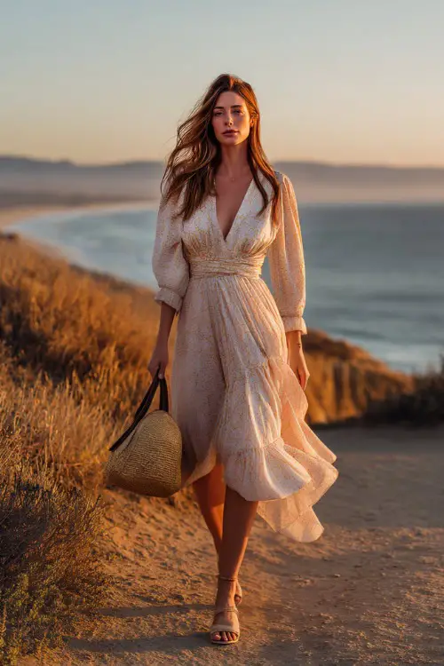 A woman wears a soft boho dress with flowing fabric and refined details, paired with elegant sandals and a woven handbag