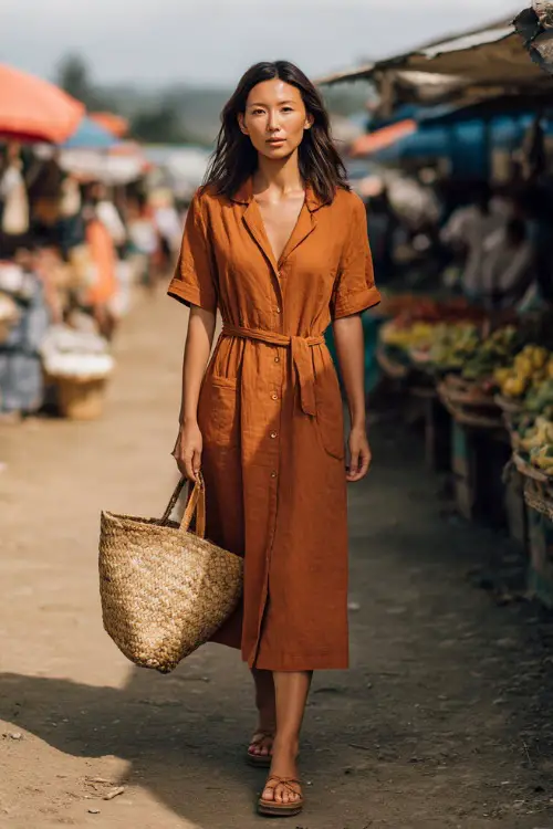 A woman wears a soft cotton midi dress in warm earthy tones with short sleeves, paired with comfortable sandals and a straw tote 