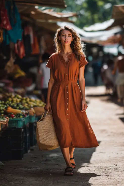 A woman wears a soft cotton midi dress in warm earthy tones with short sleeves, paired with comfortable sandals and a straw tote