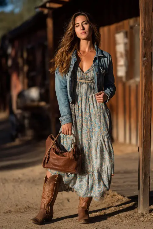 A woman wears a soft floral maxi dress layered with a lightweight denim jacket, paired with brown cowboy boots and a leather handbag