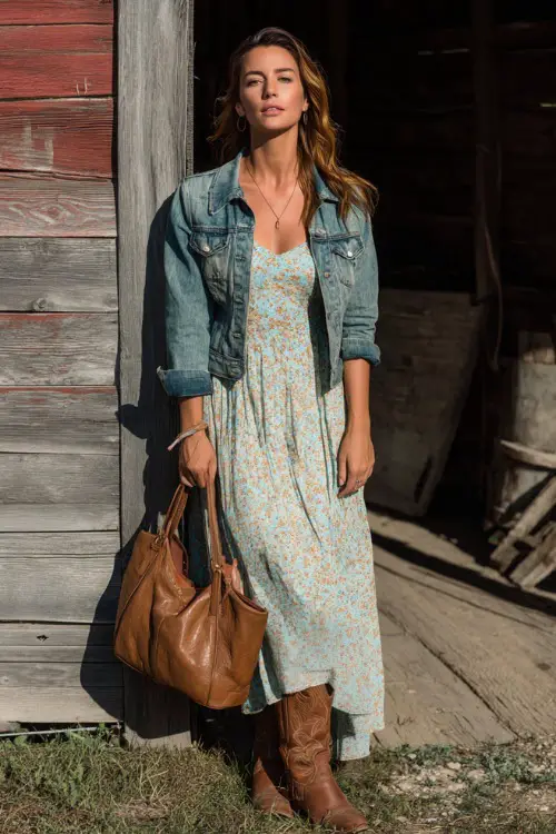 A woman wears a soft floral maxi dress layered with a lightweight denim jacket, paired with brown cowboy boots and a leather handbag