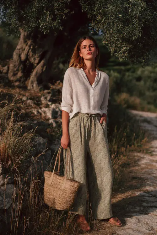 A woman wears a soft linen blouse tucked into wide-leg pants with subtle patterns, styled with flat sandals and a woven bag 