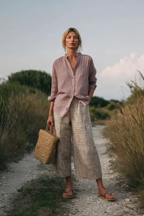 A woman wears a soft linen blouse tucked into wide-leg pants with subtle patterns, styled with flat sandals and a woven bag 