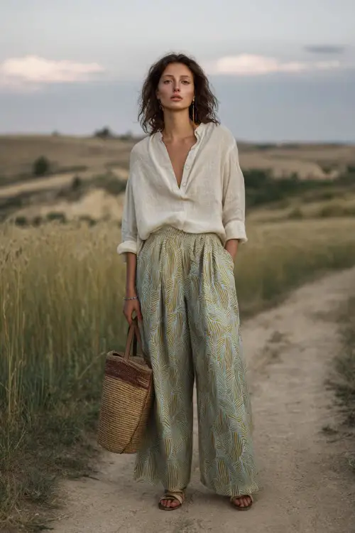 A woman wears a soft linen blouse tucked into wide-leg pants with subtle patterns, styled with flat sandals and a woven bag