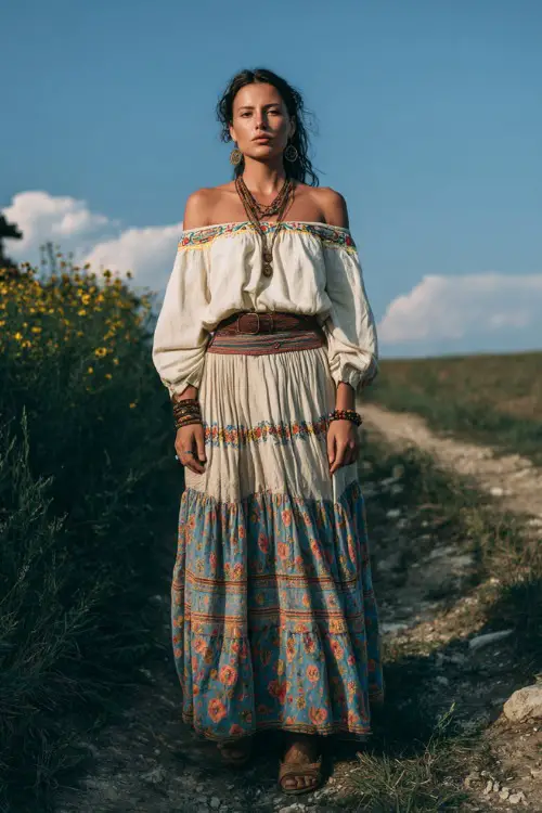 A woman wears an off-shoulder peasant blouse with embroidery tucked into a tiered maxi skirt, paired with espadrille sandals and layered jewelry 