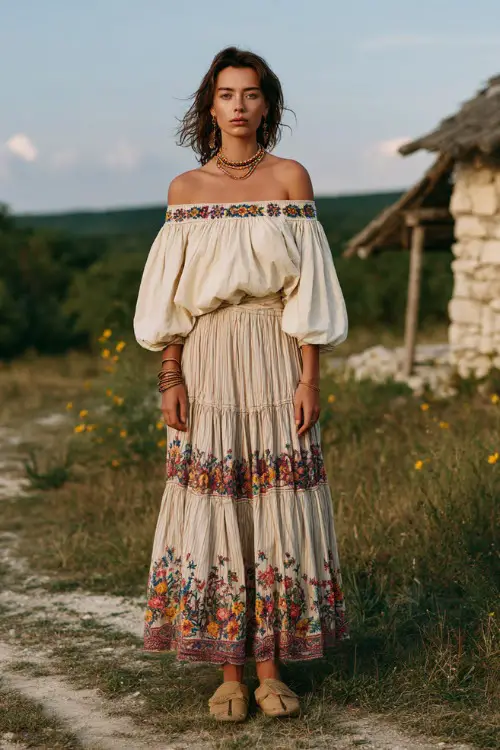 A woman wears an off-shoulder peasant blouse with embroidery tucked into a tiered maxi skirt, paired with espadrille sandals and layered jewelry 