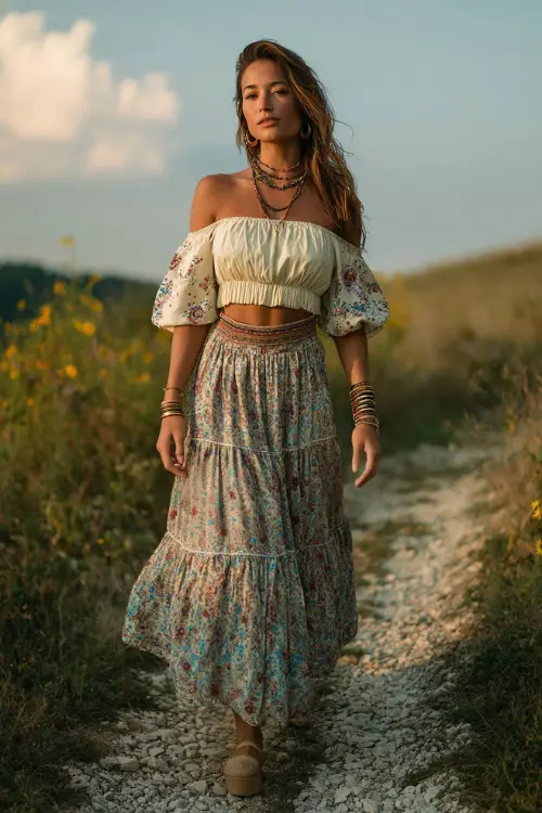 A woman wears an off-shoulder peasant blouse with embroidery tucked into a tiered maxi skirt, paired with espadrille sandals and layered jewelry 