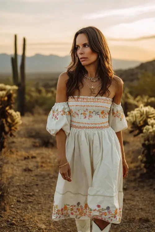 A woman wears an off-shoulder western boho dress with embroidery and a flowy silhouette
