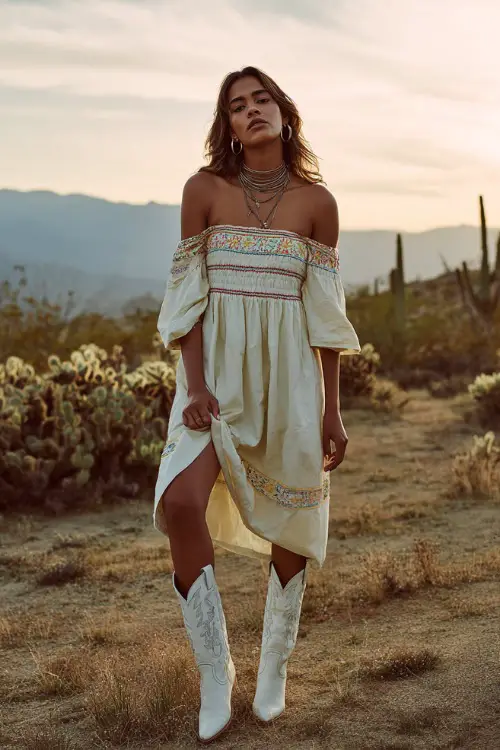 A woman wears an off-shoulder western boho dress with embroidery and a flowy silhouette