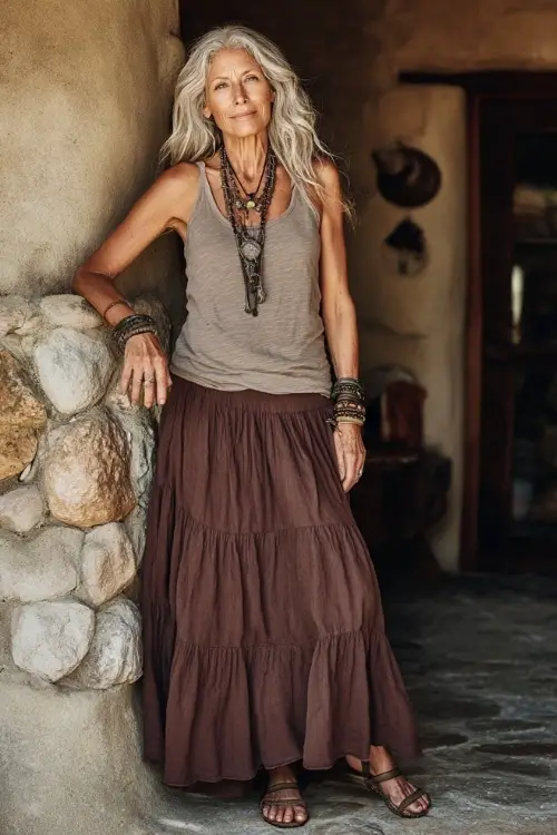 woman over 50 wears a casual boho look with a soft knit top and a tiered skirt