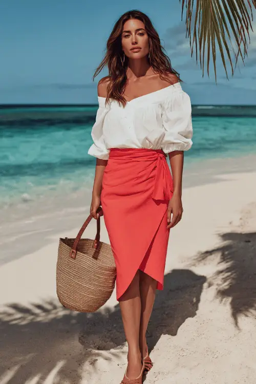 A beautiful woman with long beachy highlighted brunette hair wearing a breezy white off-shoulder smocked blouse with flutter sleeves tucked loosely into a vibrant bright coral wrap midi skirt