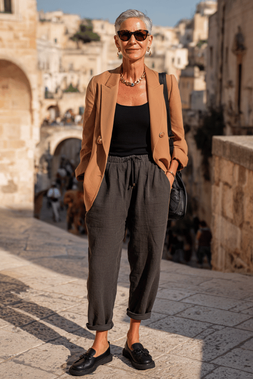 A camel blazer layered over a black top and cropped wide-leg trousers creates a polished travel outfit that feels effortless and timeless 