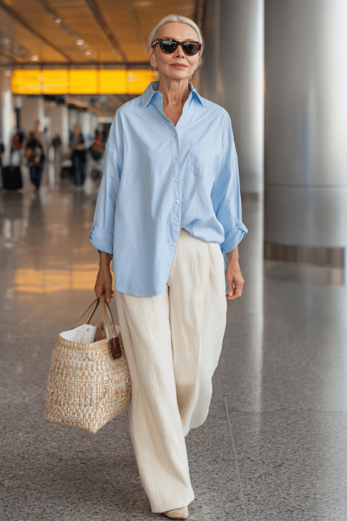 A chic mature woman wearing a light blue oversized button-up shirt with cream wide-leg knit pants, comfortable loafers, oversized sunglasses, and a woven tote bag